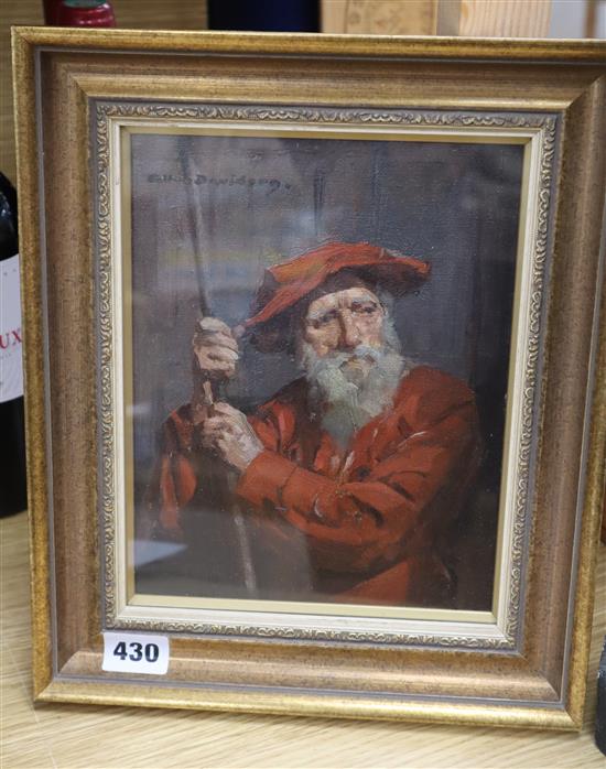 Allan Douglas Davidson (1873-1932) oil on canvas board, 17th century gentleman holding a staff, signed, 22 x 17cm